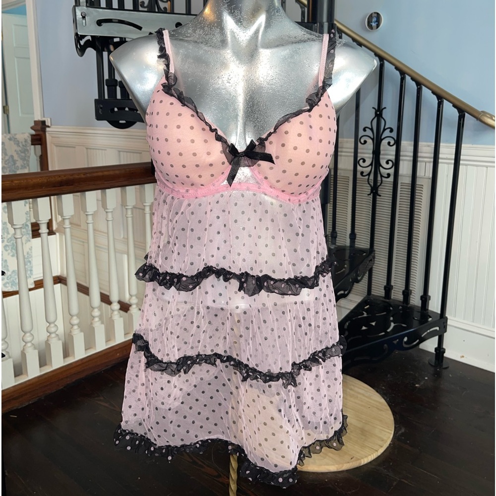 Black Fuchsia mesh and lace polka dot nightgown 36D